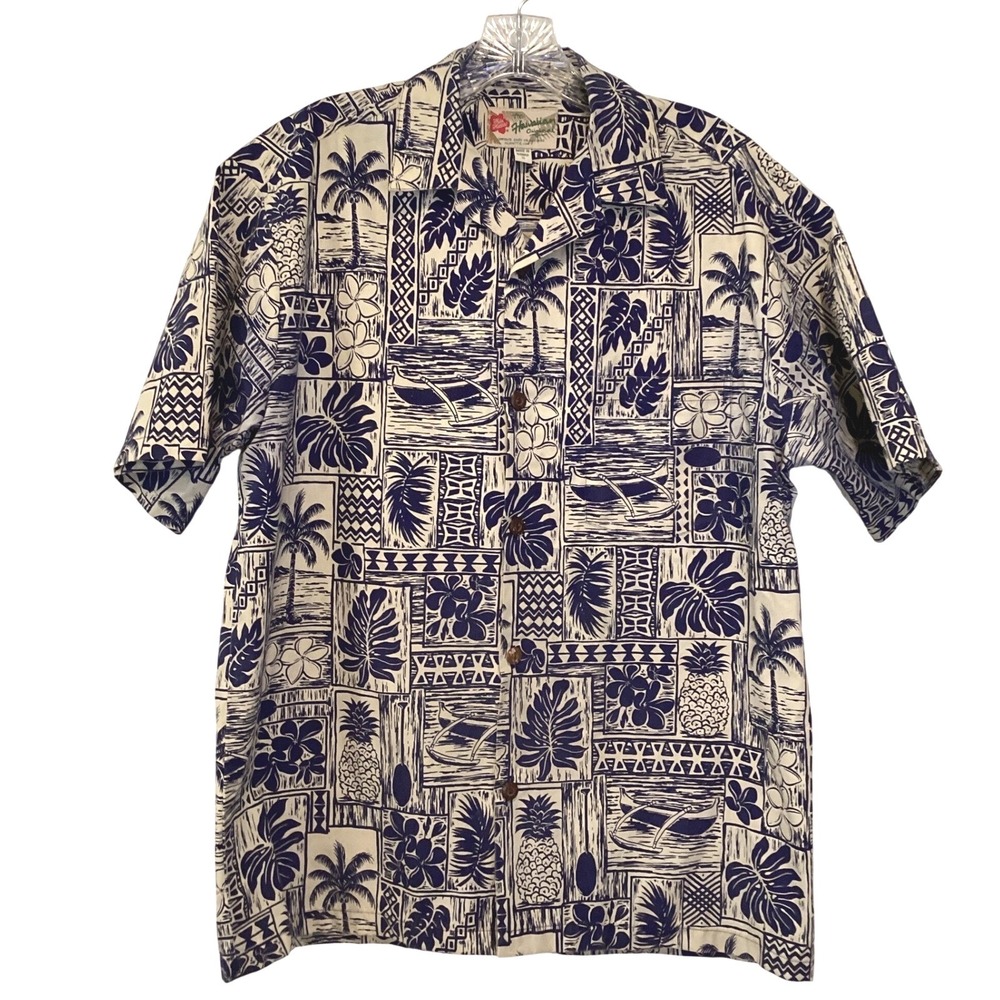 Hilo Hattie Mens‎ Hawaiian Shirt Blue Tan Pineapple Palm - Small / Medium